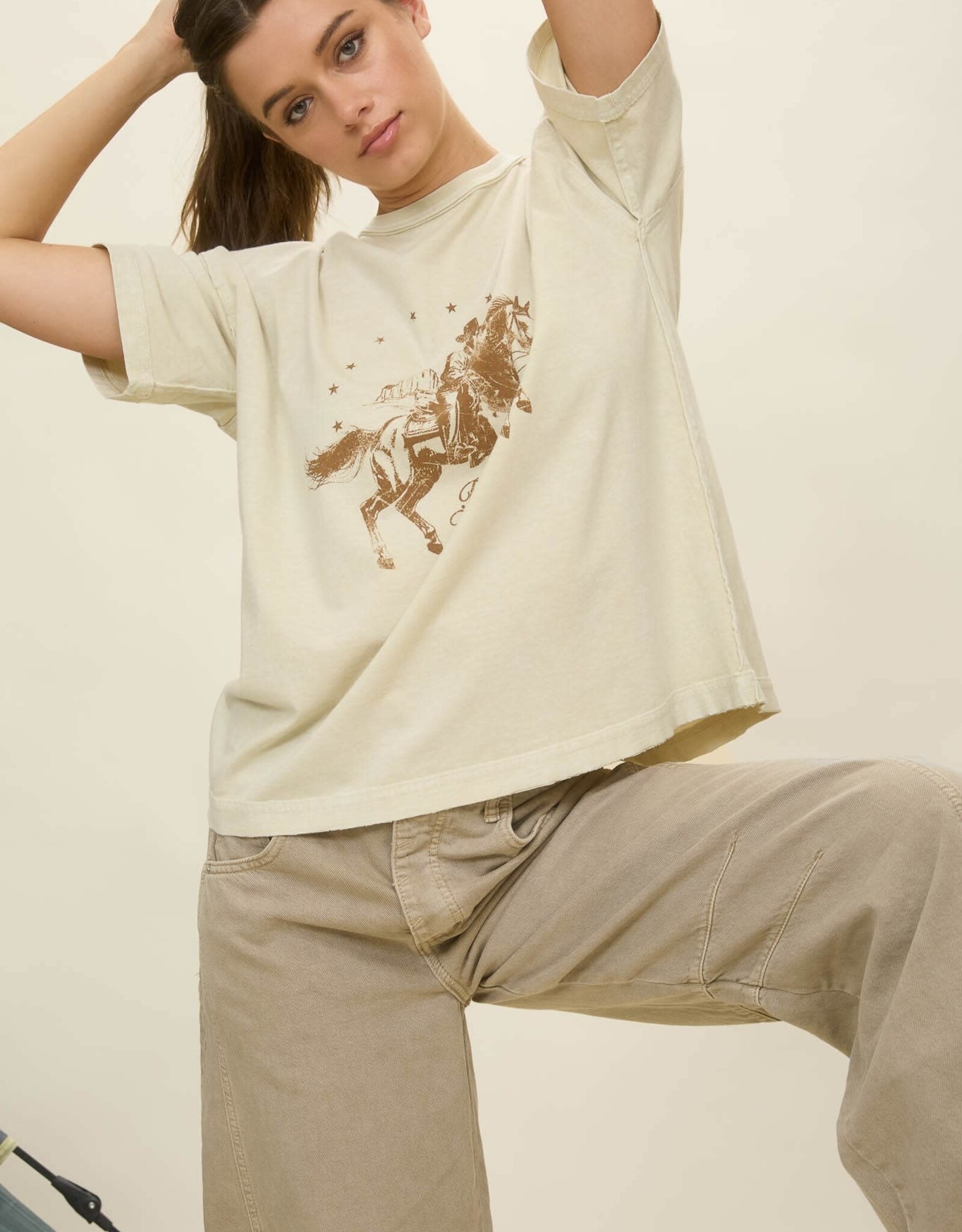 Miss Bliss Blu Rodeo Western Relaxed Short Sleeve T-shirt-Oatmeal/Green