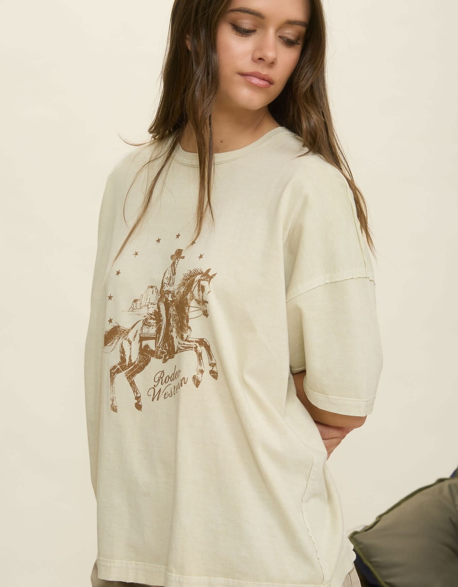 Miss Bliss Blu Rodeo Western Relaxed Short Sleeve T-shirt-Oatmeal/Green