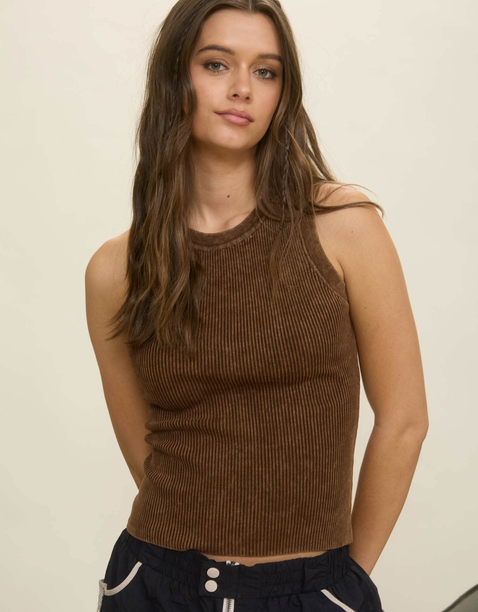 Miss Bliss Blu Wash Rib Slvs Knit Tank Top-Brown