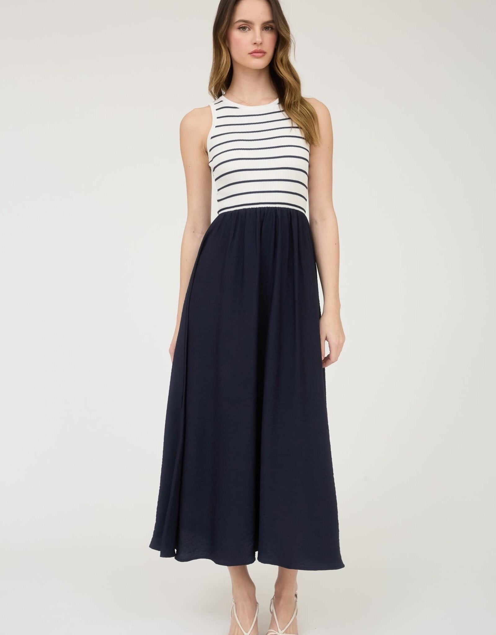 Miss Bliss Blu Stripe Tank Slvls Mixed Media Midi Dress-Ivory/Midnight Navy
