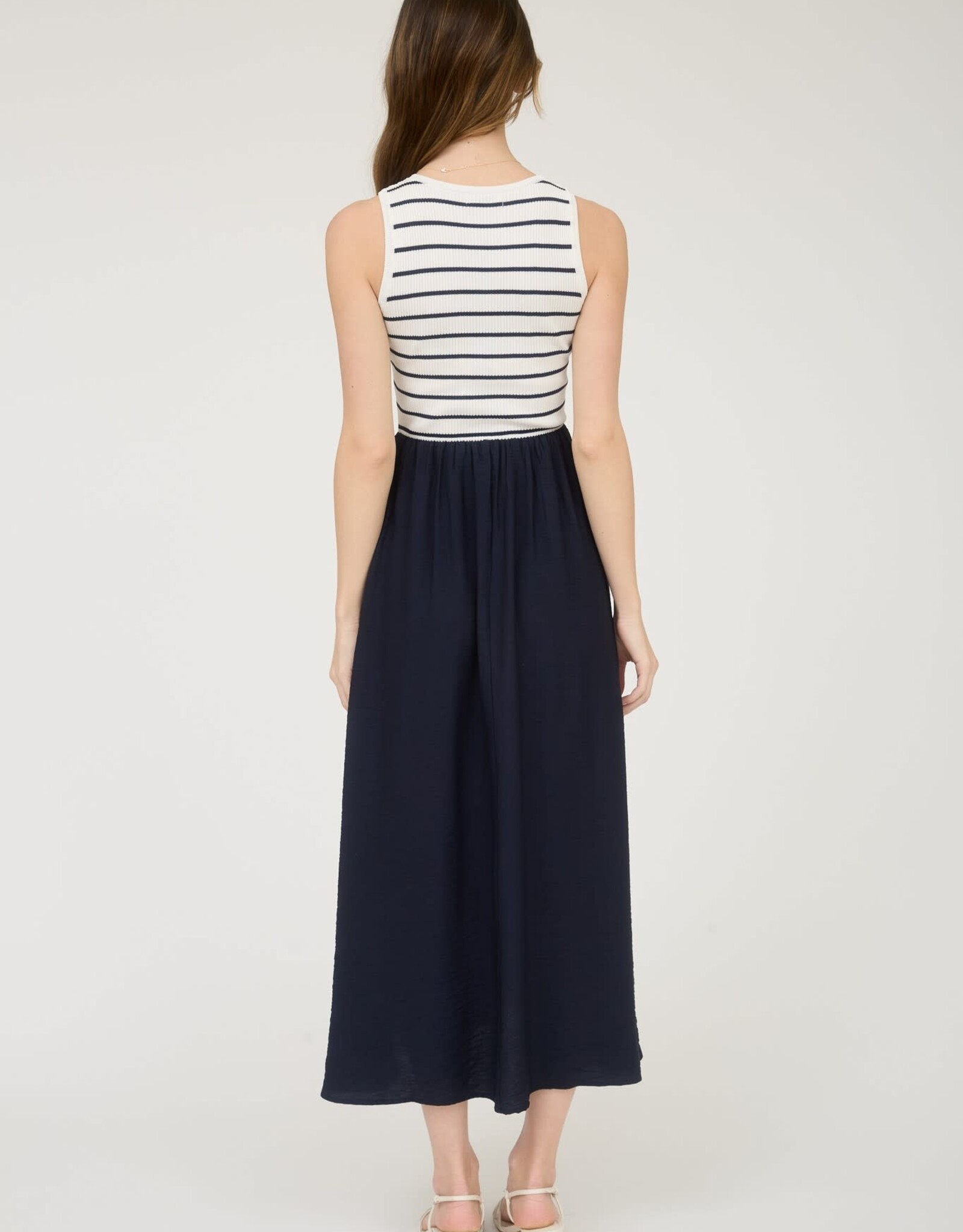 Miss Bliss Blu Stripe Tank Slvls Mixed Media Midi Dress-Ivory/Midnight Navy