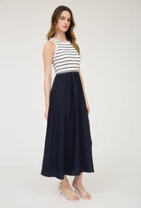 Miss Bliss Blu Stripe Tank Slvls Mixed Media Midi Dress-Ivory/Midnight Navy