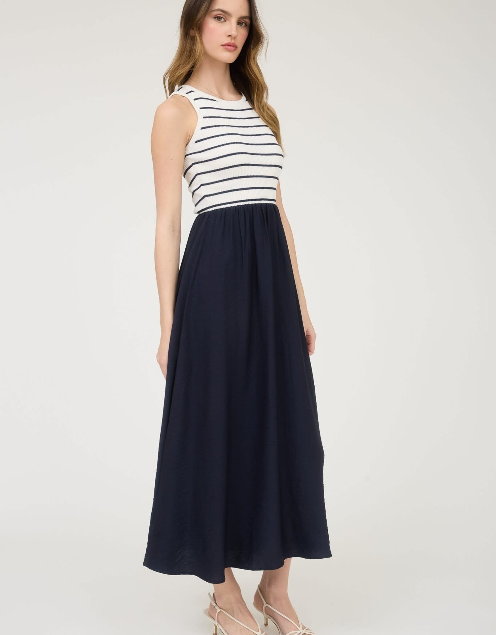 Miss Bliss Blu Stripe Tank Slvls Mixed Media Midi Dress-Ivory/Midnight Navy