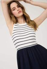 Miss Bliss Blu Stripe Tank Slvls Mixed Media Midi Dress-Ivory/Midnight Navy