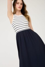 Miss Bliss Blu Stripe Tank Slvls Mixed Media Midi Dress-Ivory/Midnight Navy