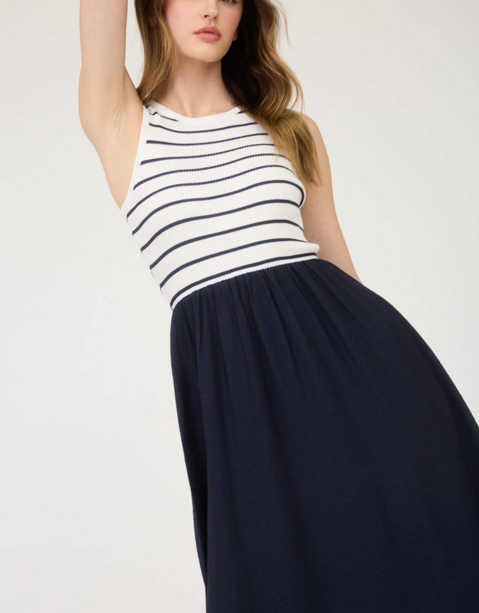 Miss Bliss Blu Stripe Tank Slvls Mixed Media Midi Dress-Ivory/Midnight Navy