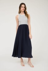 Miss Bliss Blu Stripe Tank Slvls Mixed Media Midi Dress-Ivory/Midnight Navy