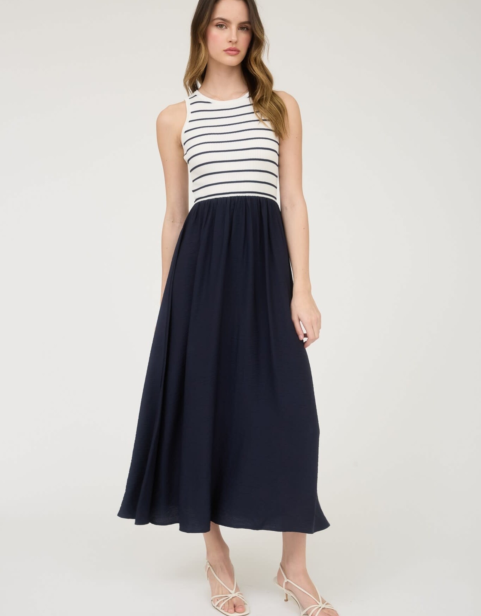 Miss Bliss Blu Stripe Tank Slvls Mixed Media Midi Dress-Ivory/Midnight Navy