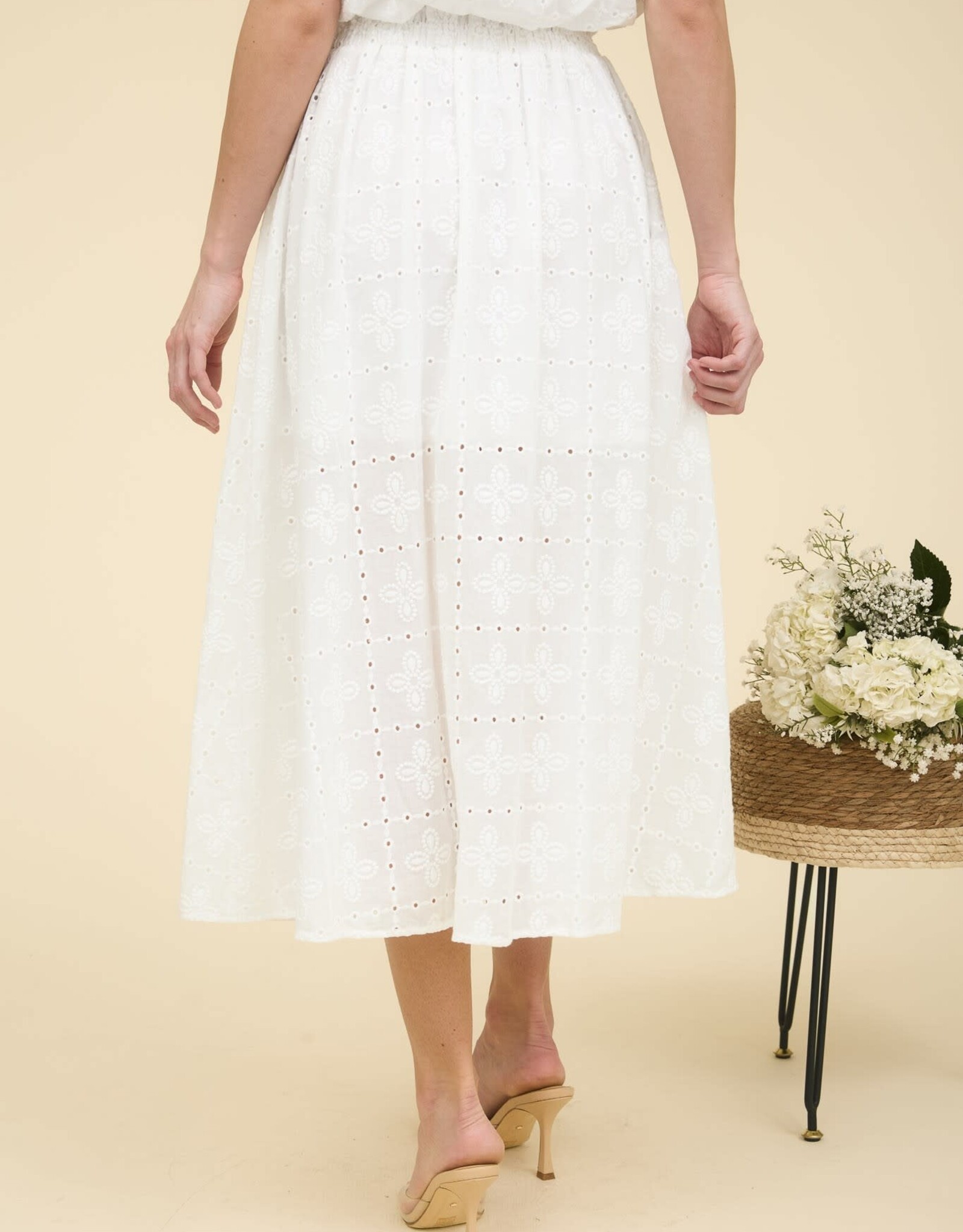 Miss Bliss Blu Eyelet Ruffle Detail Midi Skirt-White