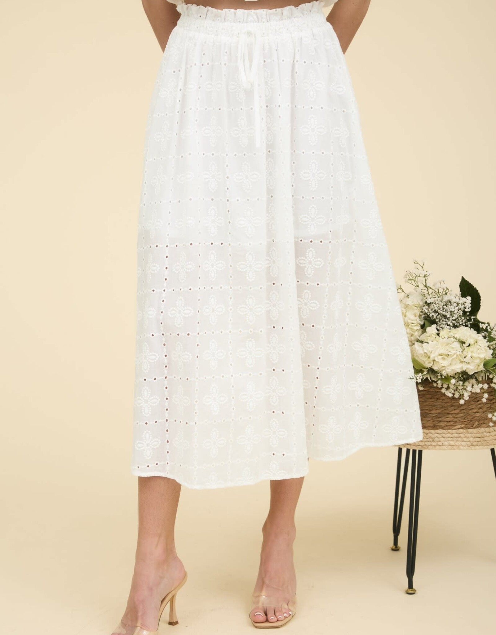 Miss Bliss Blu Eyelet Ruffle Detail Midi Skirt-White