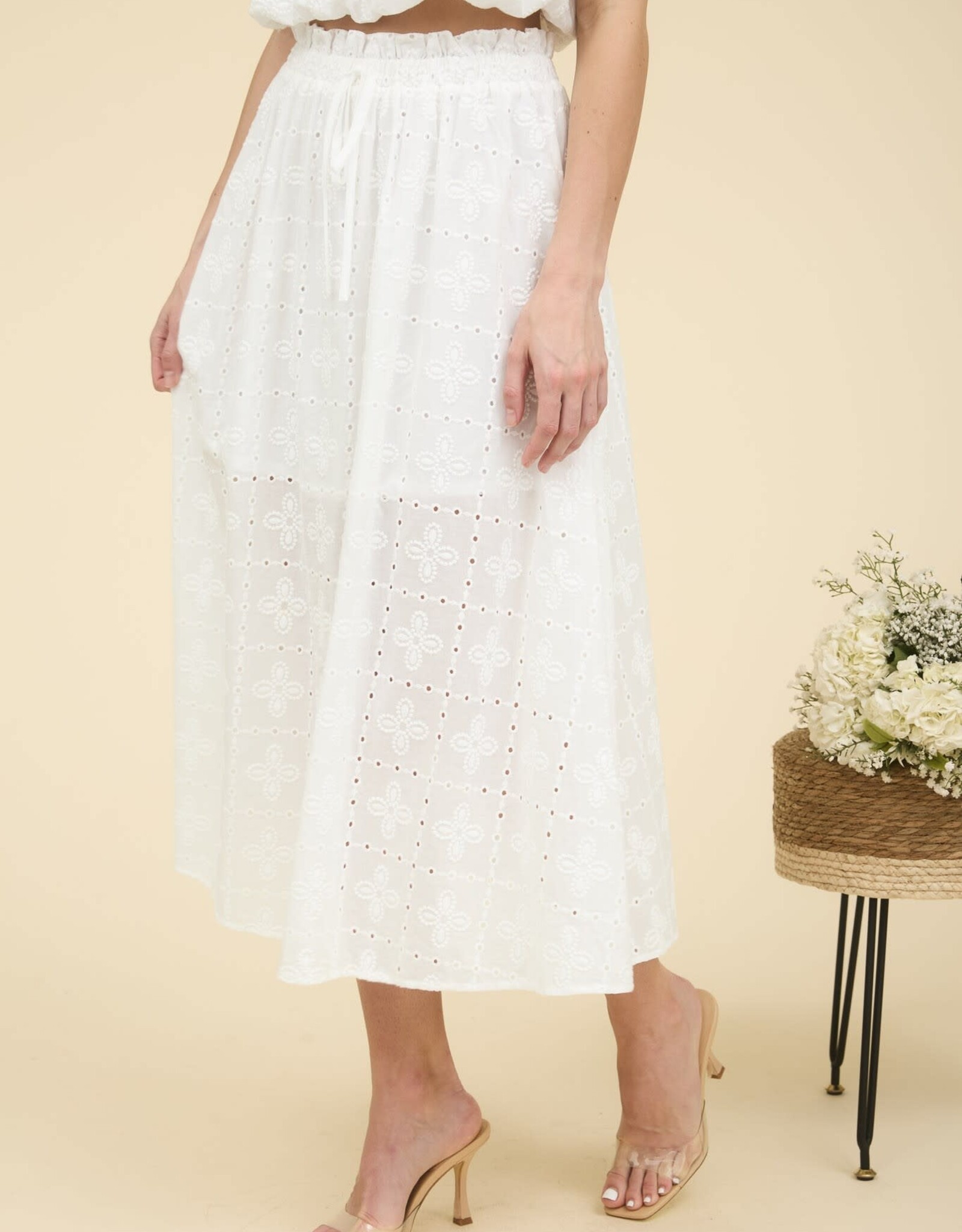 Miss Bliss Blu Eyelet Ruffle Detail Midi Skirt-White