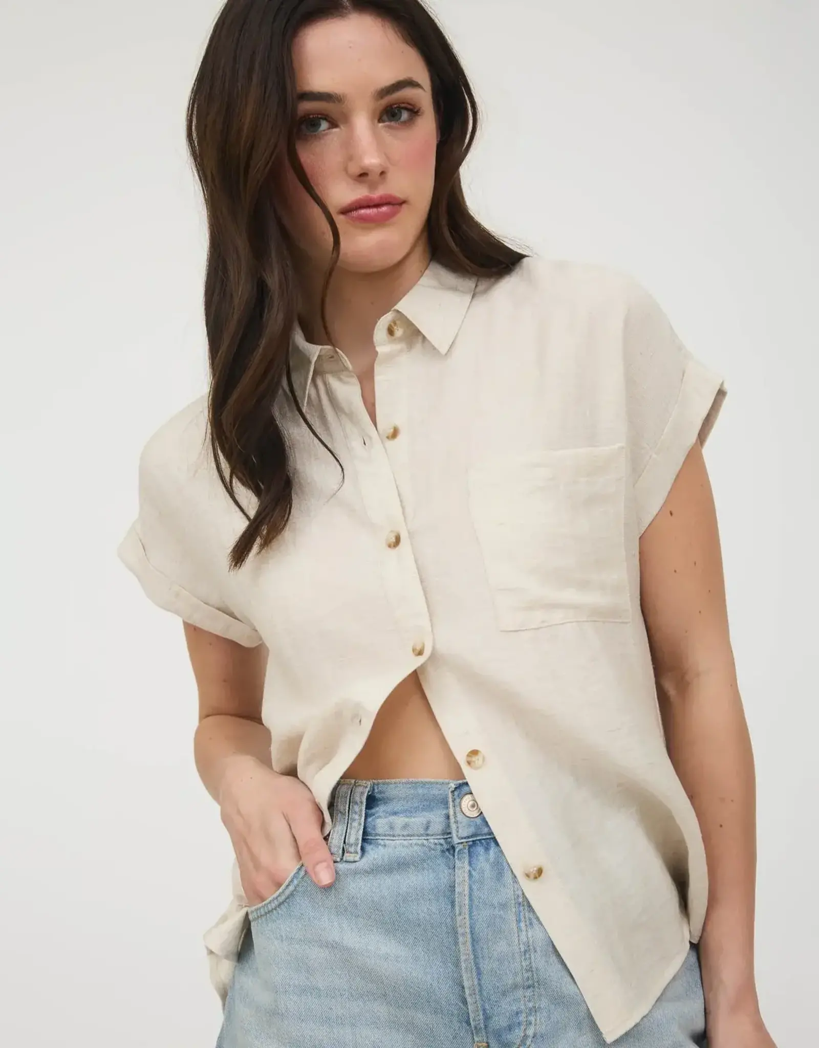 Miss Bliss Blu Collared Cuff Sleeve Back Pintuck Shirt-Oatmeal