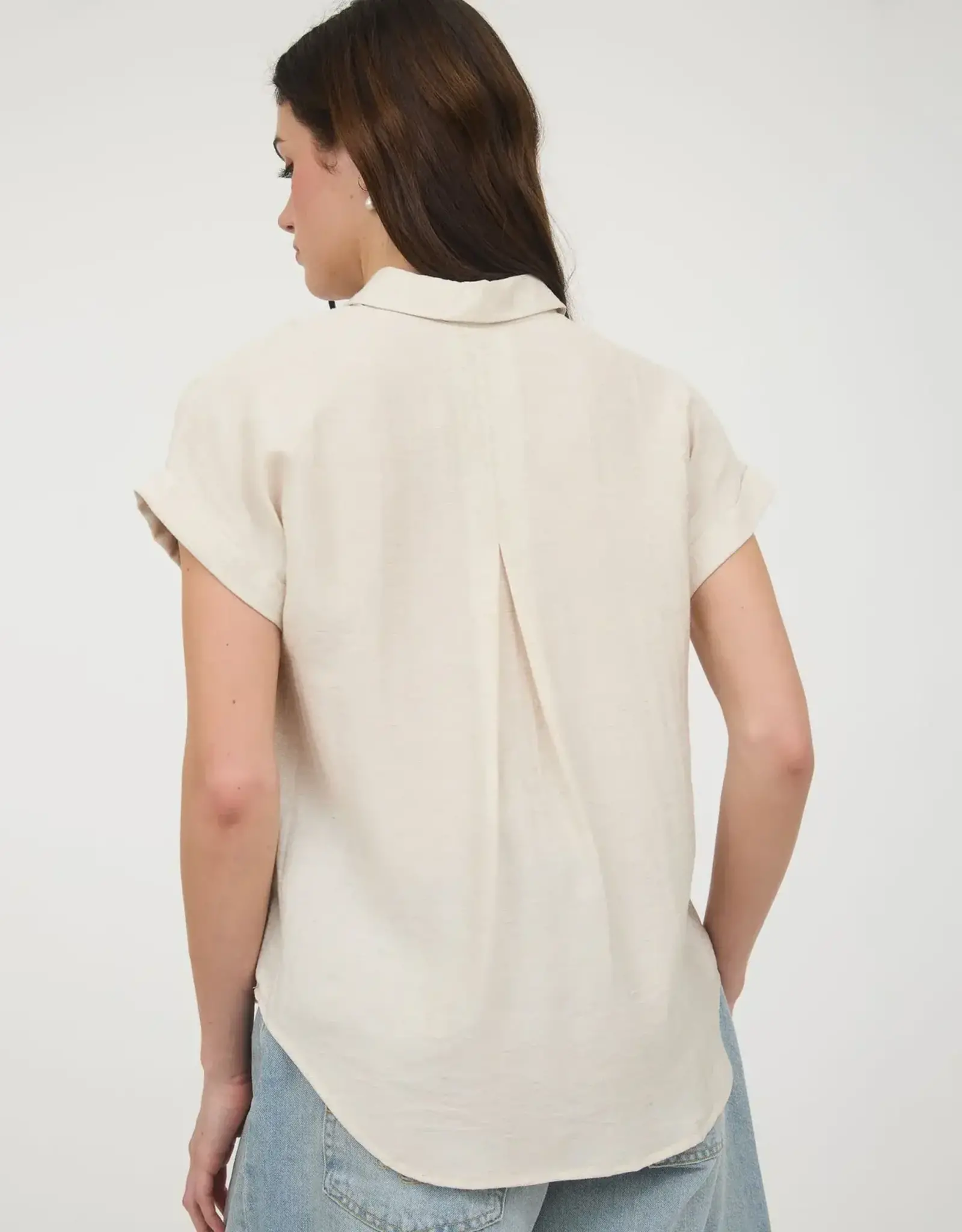 Miss Bliss Blu Collared Cuff Sleeve Back Pintuck Shirt-Oatmeal