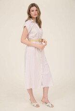 Miss Bliss Blu Stripe Button Dwn BeltMidi Shirt Dress-Ivory/Mauve