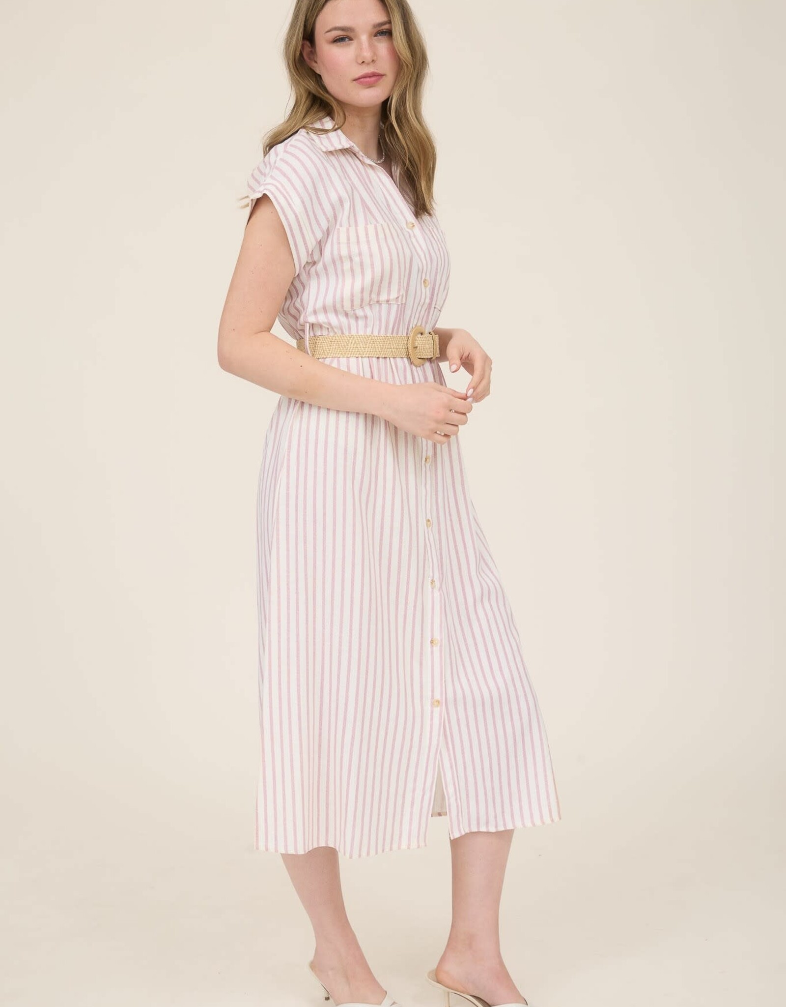 Miss Bliss Blu Stripe Button Dwn BeltMidi Shirt Dress-Ivory/Mauve
