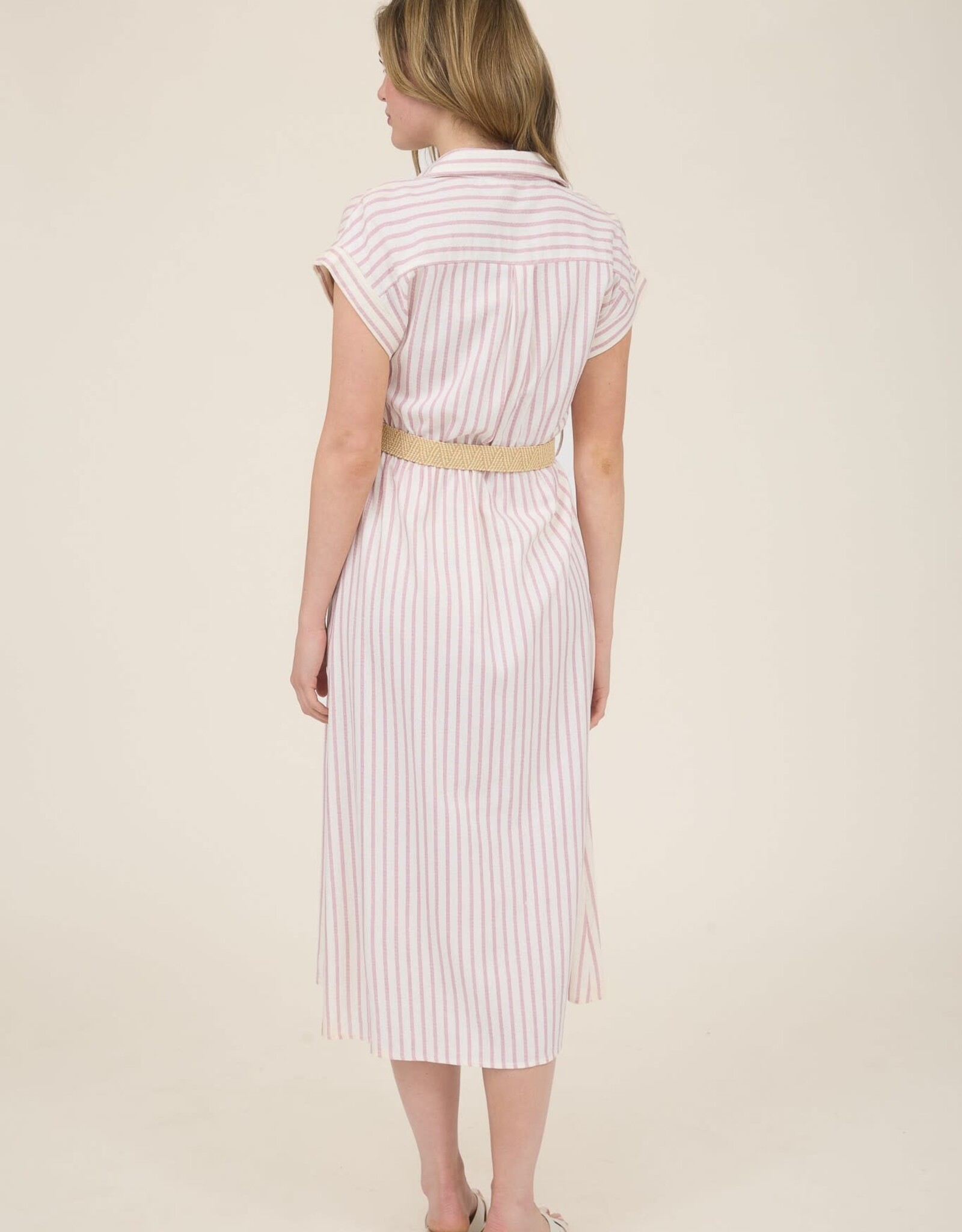 Miss Bliss Blu Stripe Button Dwn BeltMidi Shirt Dress-Ivory/Mauve