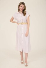 Miss Bliss Blu Stripe Button Dwn BeltMidi Shirt Dress-Ivory/Mauve