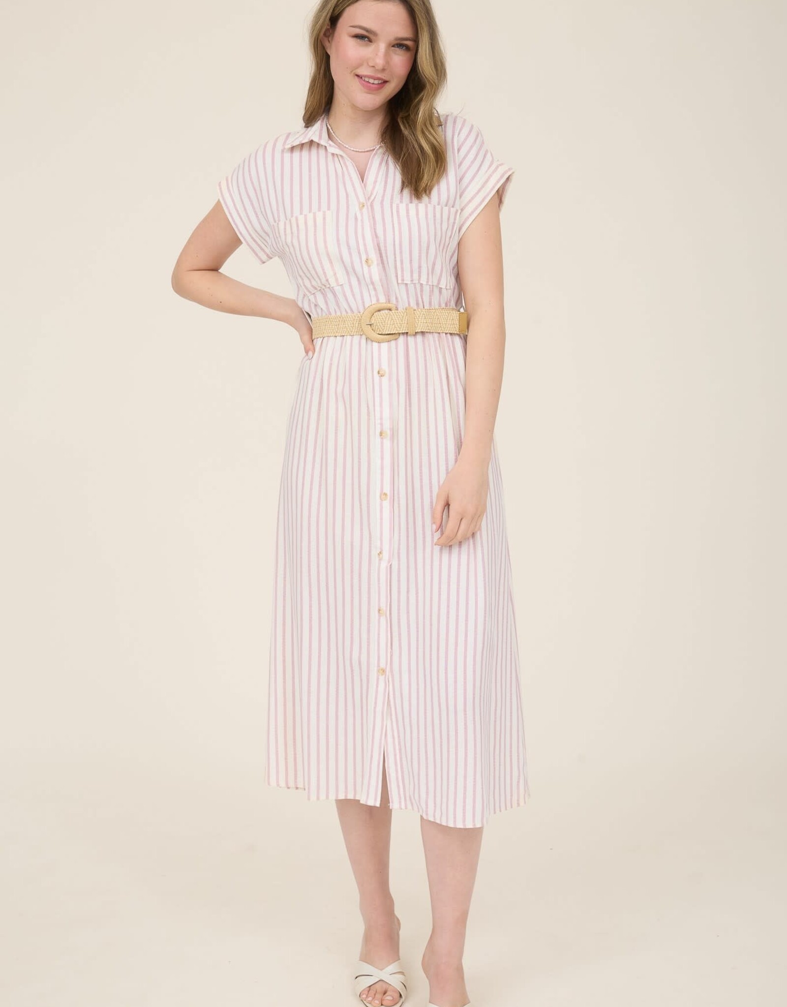 Miss Bliss Blu Stripe Button Dwn BeltMidi Shirt Dress-Ivory/Mauve