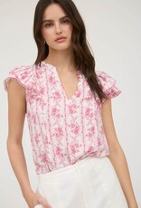 Miss Bliss Blu Stripe Floral Split Neck Ruffle Sleeve Top-Pink