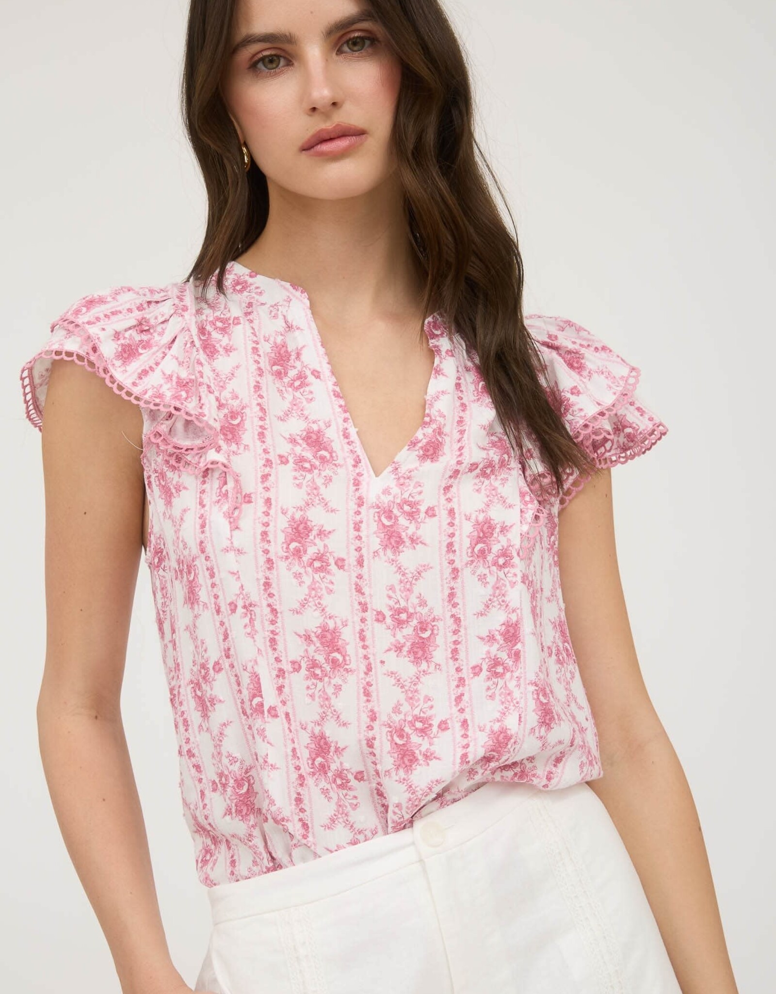 Miss Bliss Blu Stripe Floral Split Neck Ruffle Sleeve Top-Pink