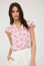 Miss Bliss Blu Stripe Floral Split Neck Ruffle Sleeve Top-Pink