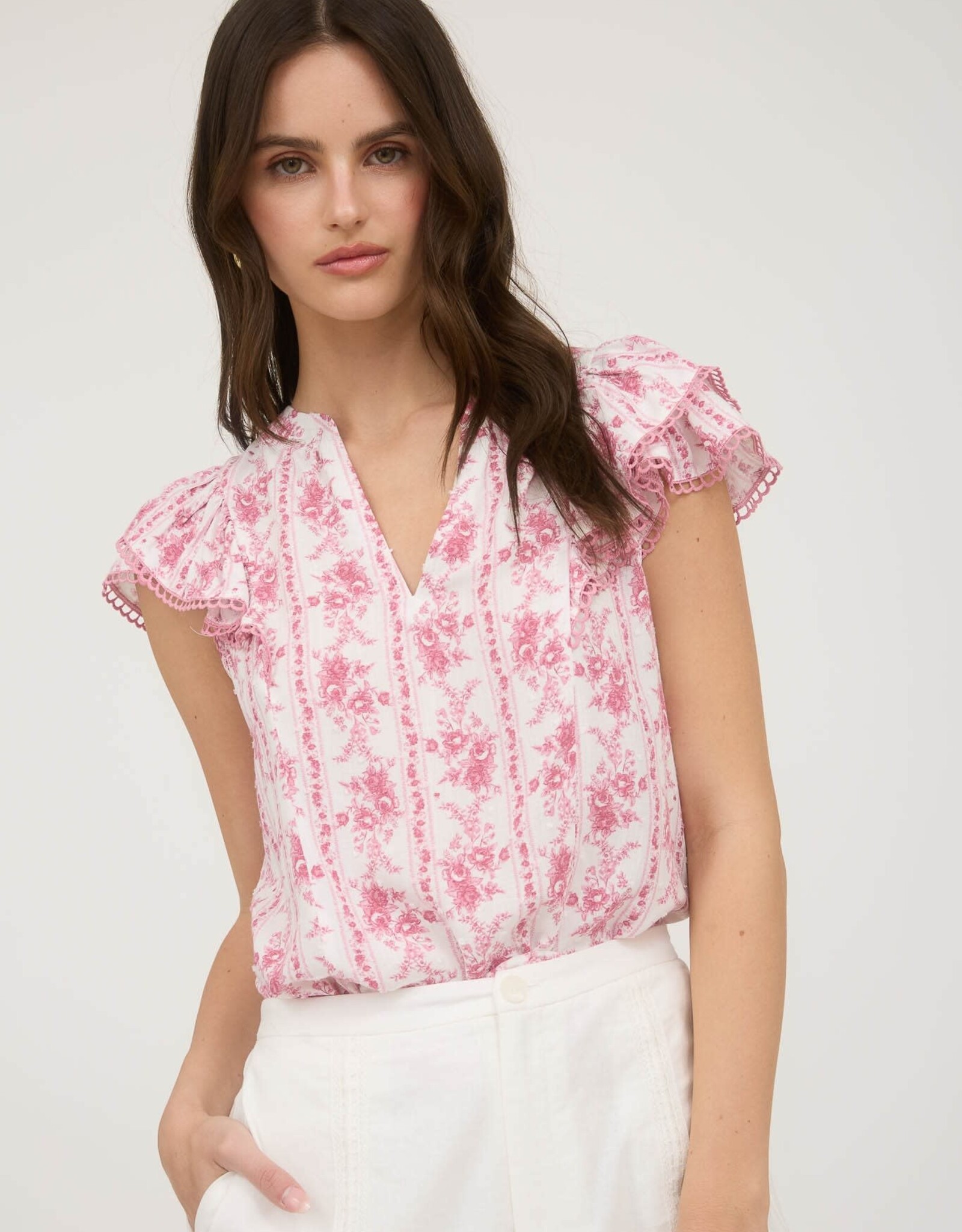 Miss Bliss Blu Stripe Floral Split Neck Ruffle Sleeve Top-Pink
