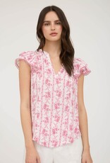Miss Bliss Blu Stripe Floral Split Neck Ruffle Sleeve Top-Pink
