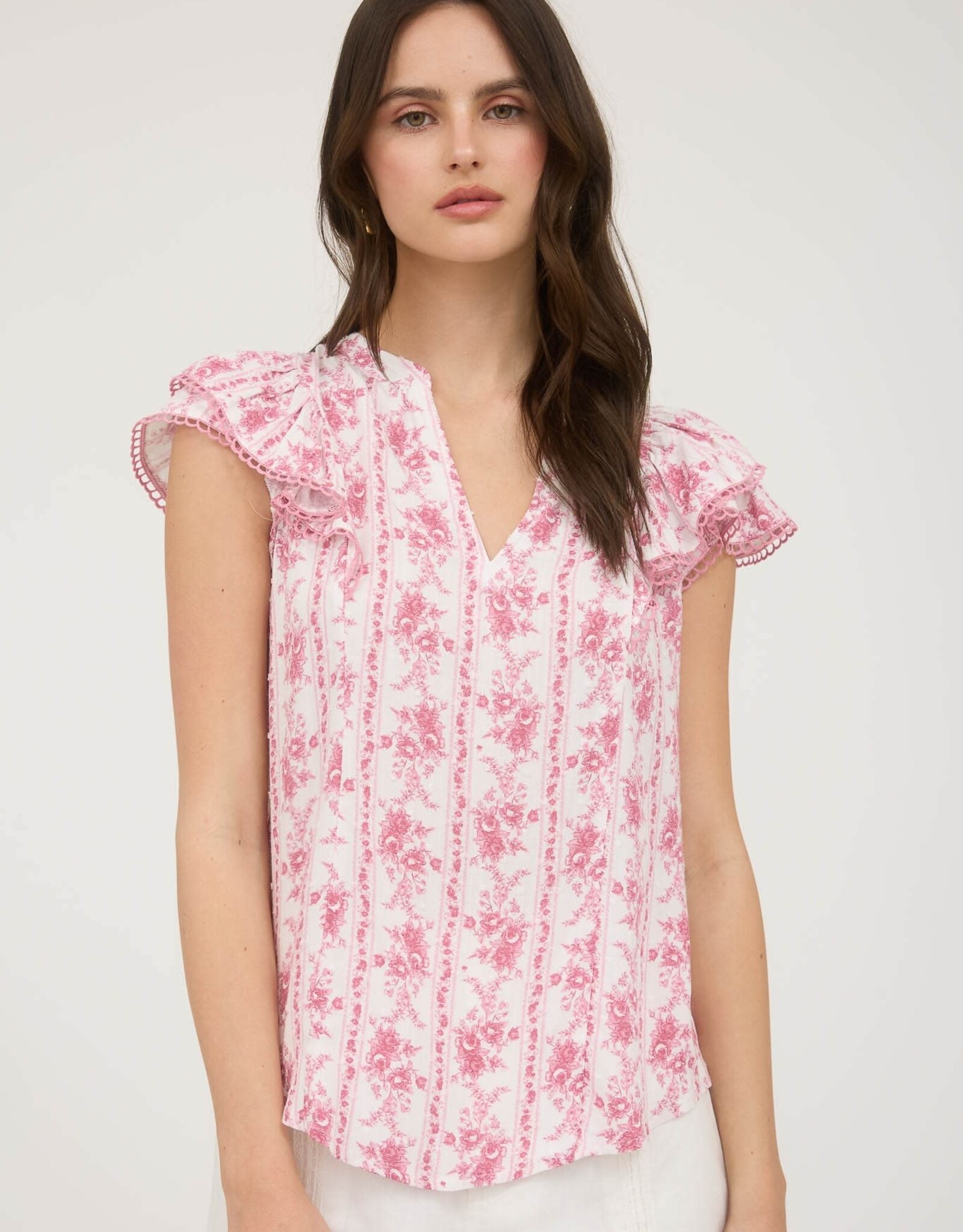 Miss Bliss Blu Stripe Floral Split Neck Ruffle Sleeve Top-Pink