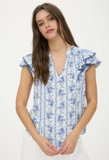 Miss Bliss Blu Stripe Floral Split Neck Ruffle Sleeve Top-Blue