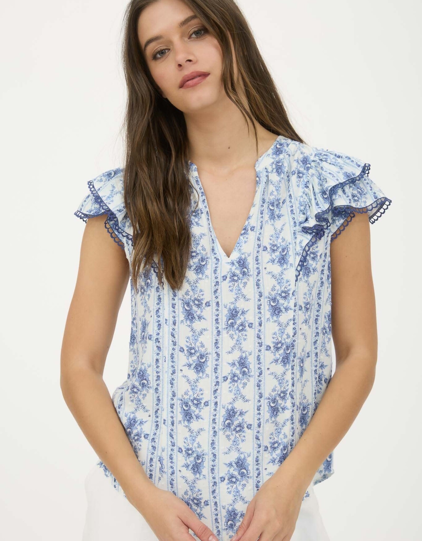 Miss Bliss Blu Stripe Floral Split Neck Ruffle Sleeve Top-Blue