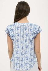 Miss Bliss Blu Stripe Floral Split Neck Ruffle Sleeve Top-Blue