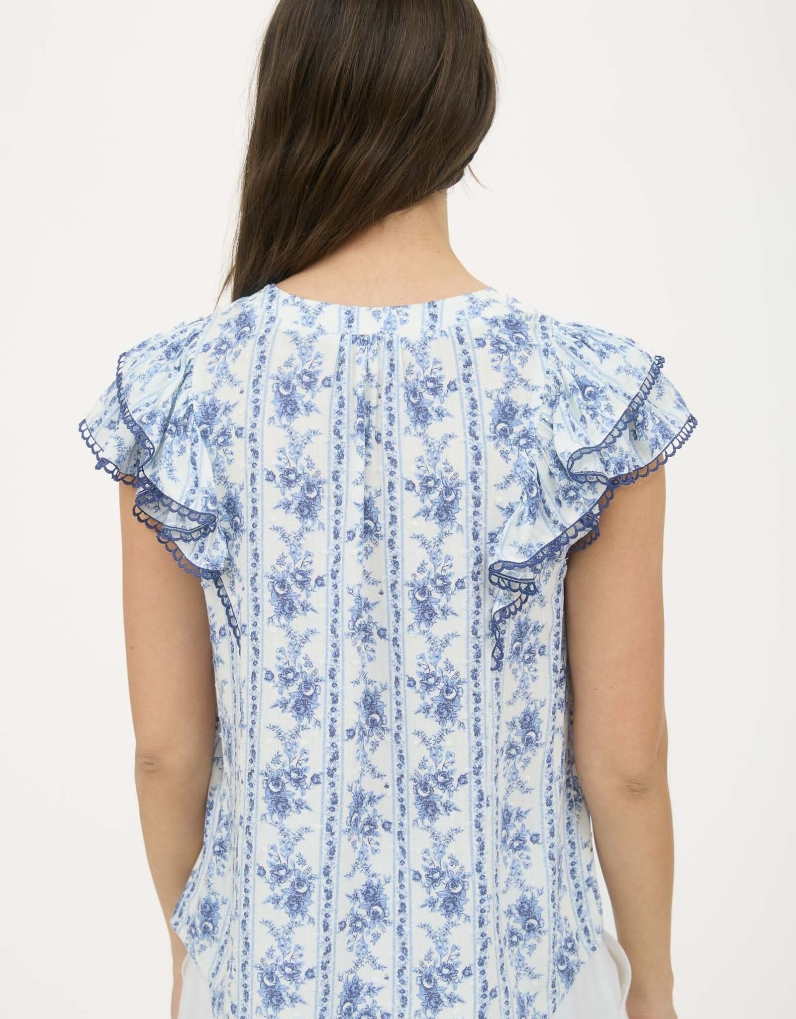 Miss Bliss Blu Stripe Floral Split Neck Ruffle Sleeve Top-Blue