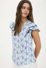 Miss Bliss Blu Stripe Floral Split Neck Ruffle Sleeve Top-Blue