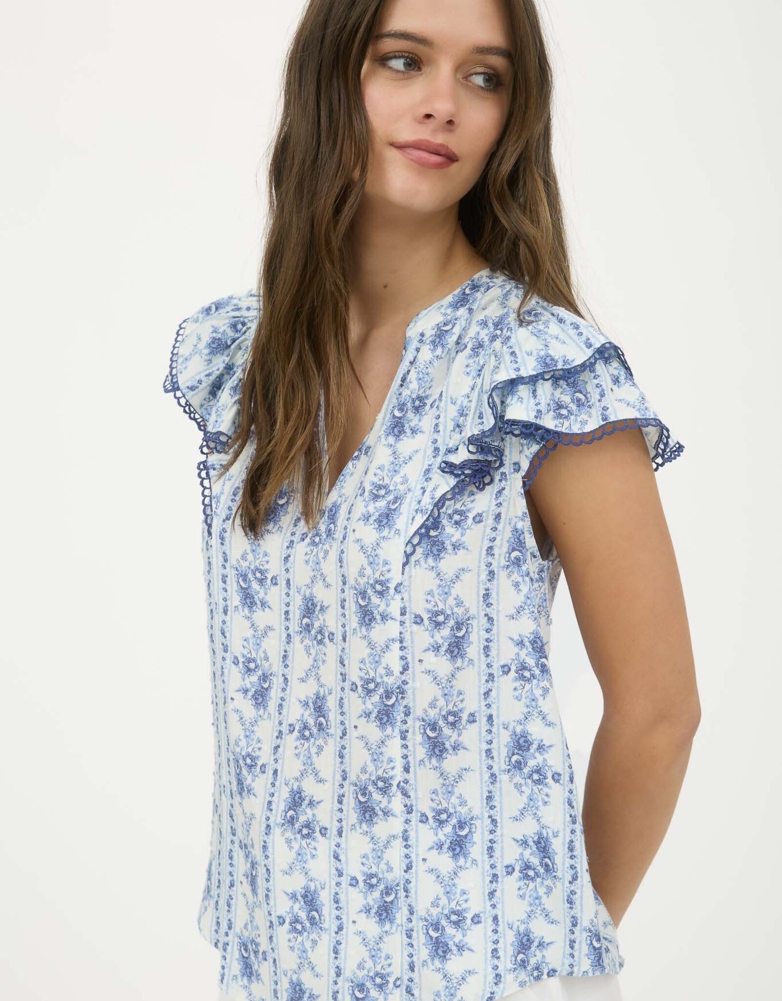 Miss Bliss Blu Stripe Floral Split Neck Ruffle Sleeve Top-Blue