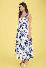 Miss Bliss Blu Leaf Print Back Tie Strap Empire Waist Midi Dress-Iv/Blue