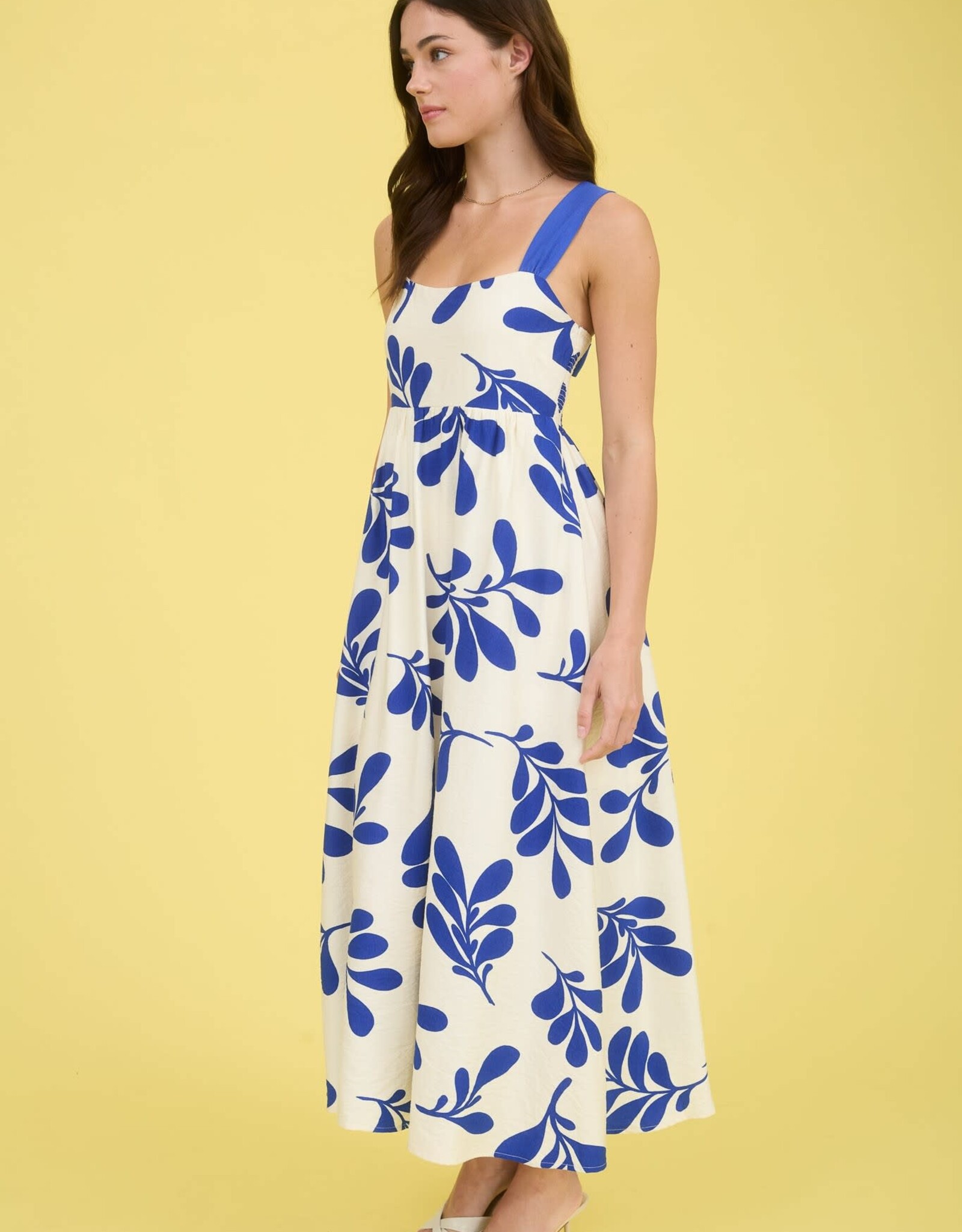 Miss Bliss Blu Leaf Print Back Tie Strap Empire Waist Midi Dress-Iv/Blue