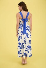 Miss Bliss Blu Leaf Print Back Tie Strap Empire Waist Midi Dress-Iv/Blue