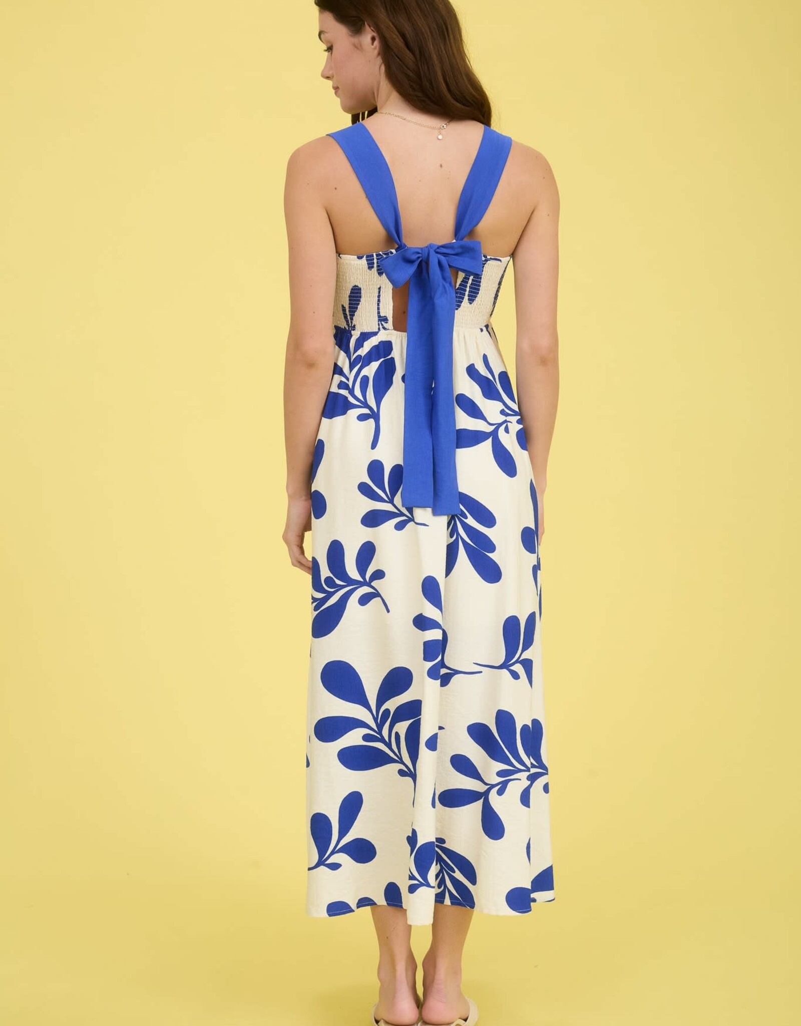 Miss Bliss Blu Leaf Print Back Tie Strap Empire Waist Midi Dress-Iv/Blue