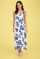 Miss Bliss Blu Leaf Print Back Tie Strap Empire Waist Midi Dress-Iv/Blue