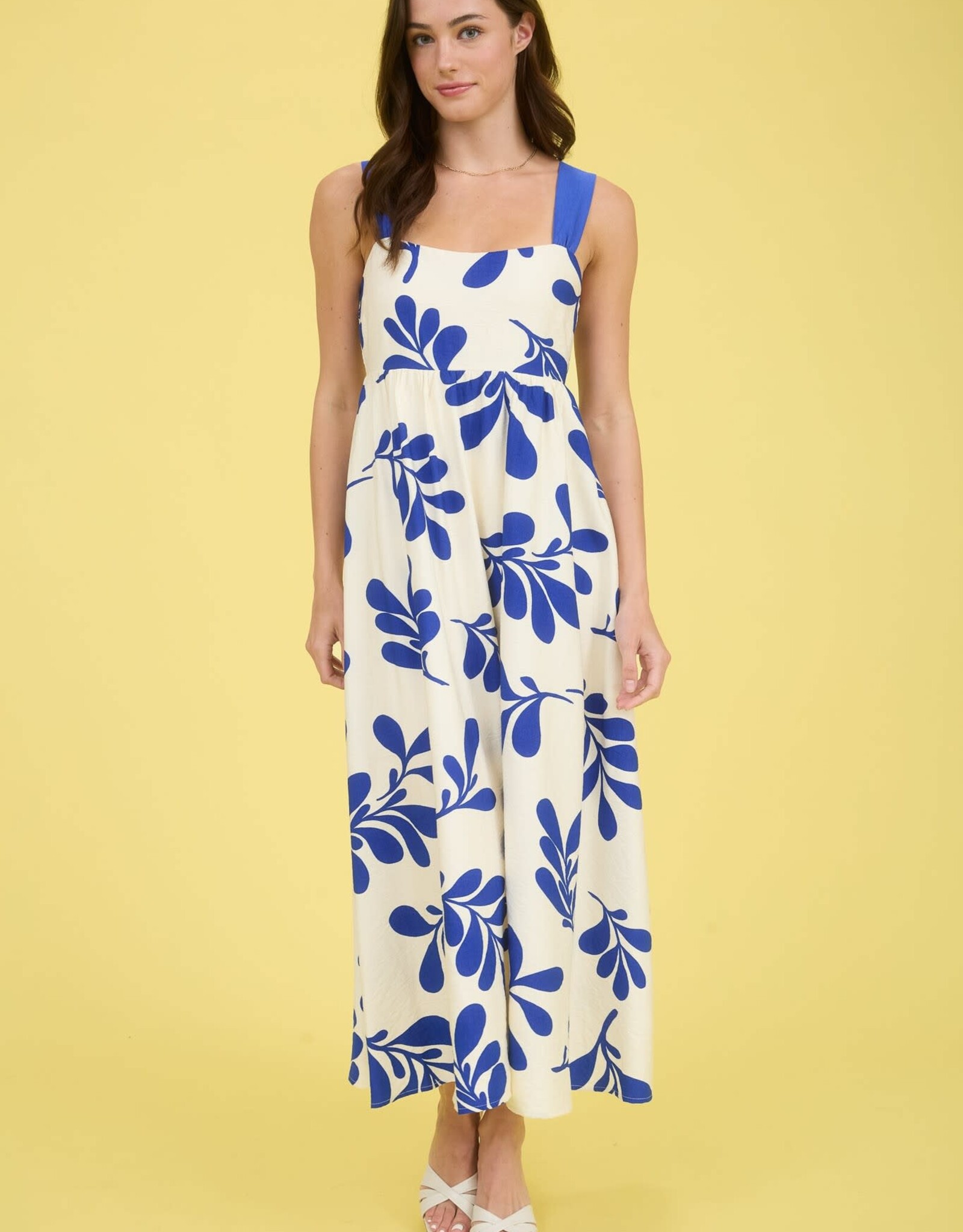 Miss Bliss Blu Leaf Print Back Tie Strap Empire Waist Midi Dress-Iv/Blue