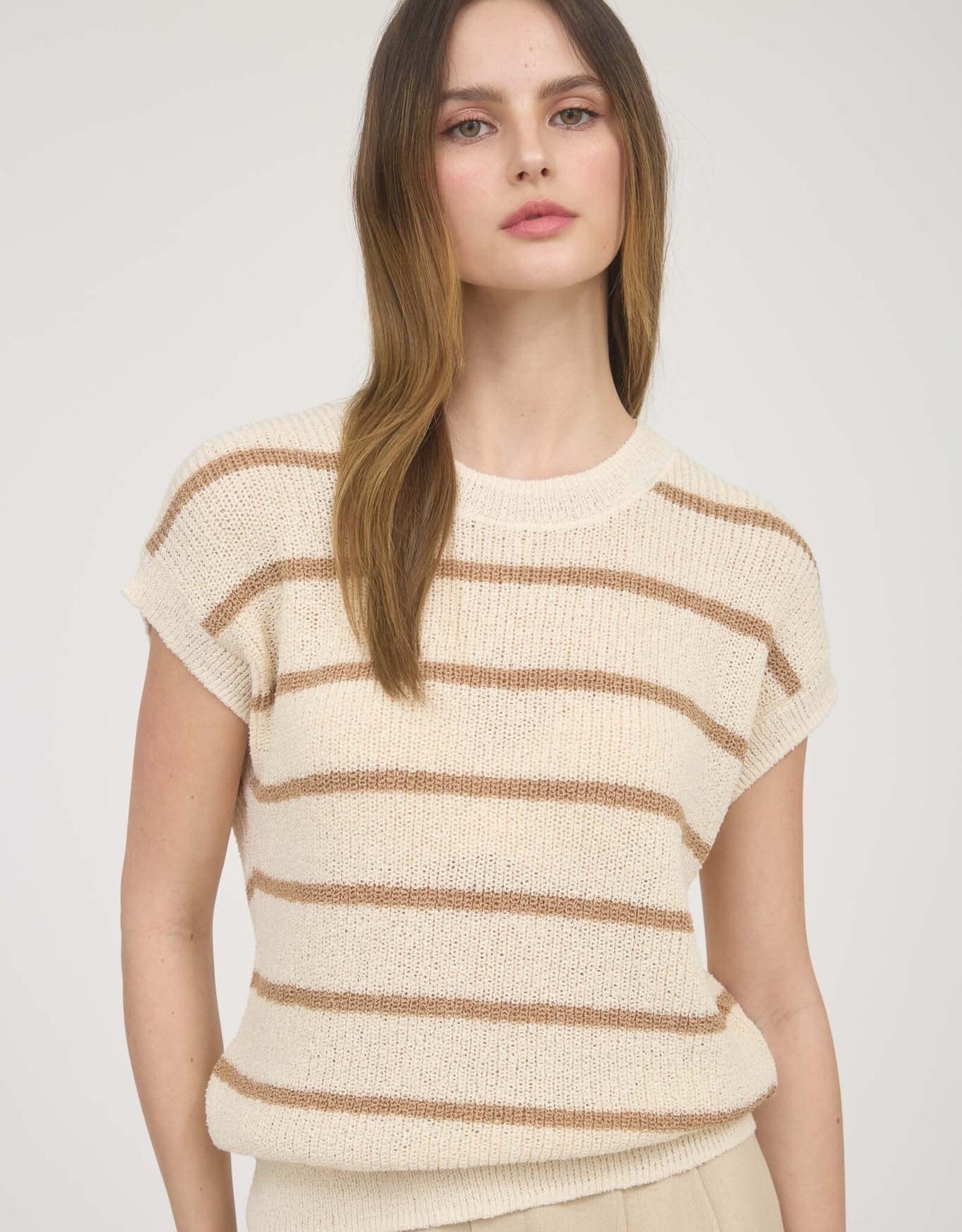 Miss Bliss Blu Stripe Extended SS Sleeve Knit Top-Oatmeal