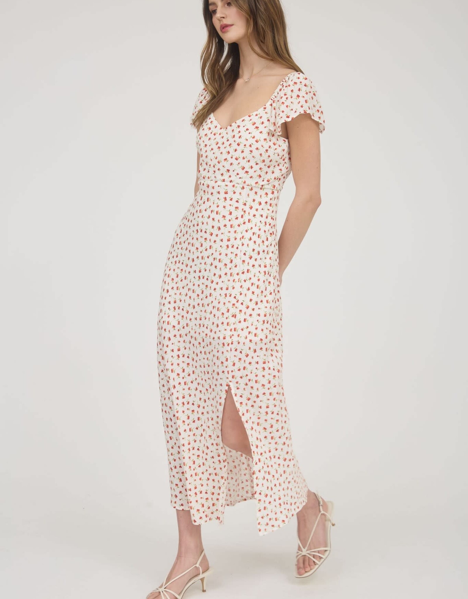 Miss Bliss Blu Short Sleeve Side Slit Floral Midi Dress-Ivory