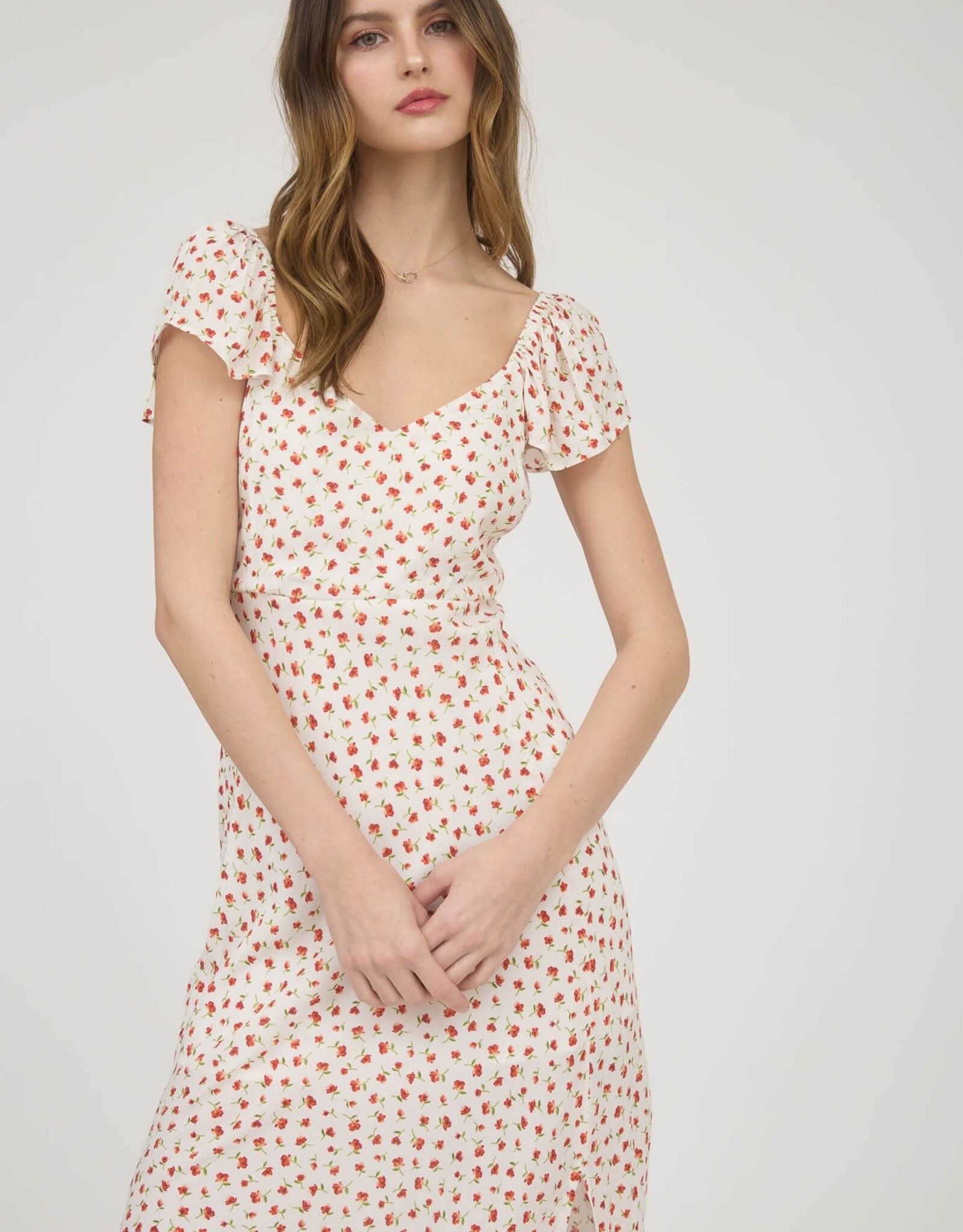 Miss Bliss Blu Short Sleeve Side Slit Floral Midi Dress-Ivory