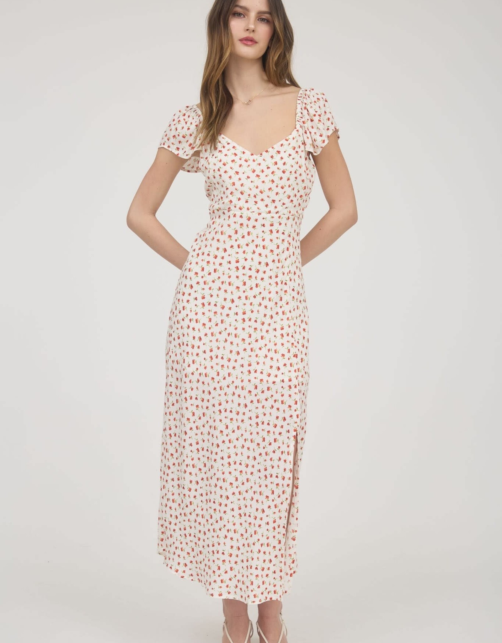 Miss Bliss Blu Short Sleeve Side Slit Floral Midi Dress-Ivory