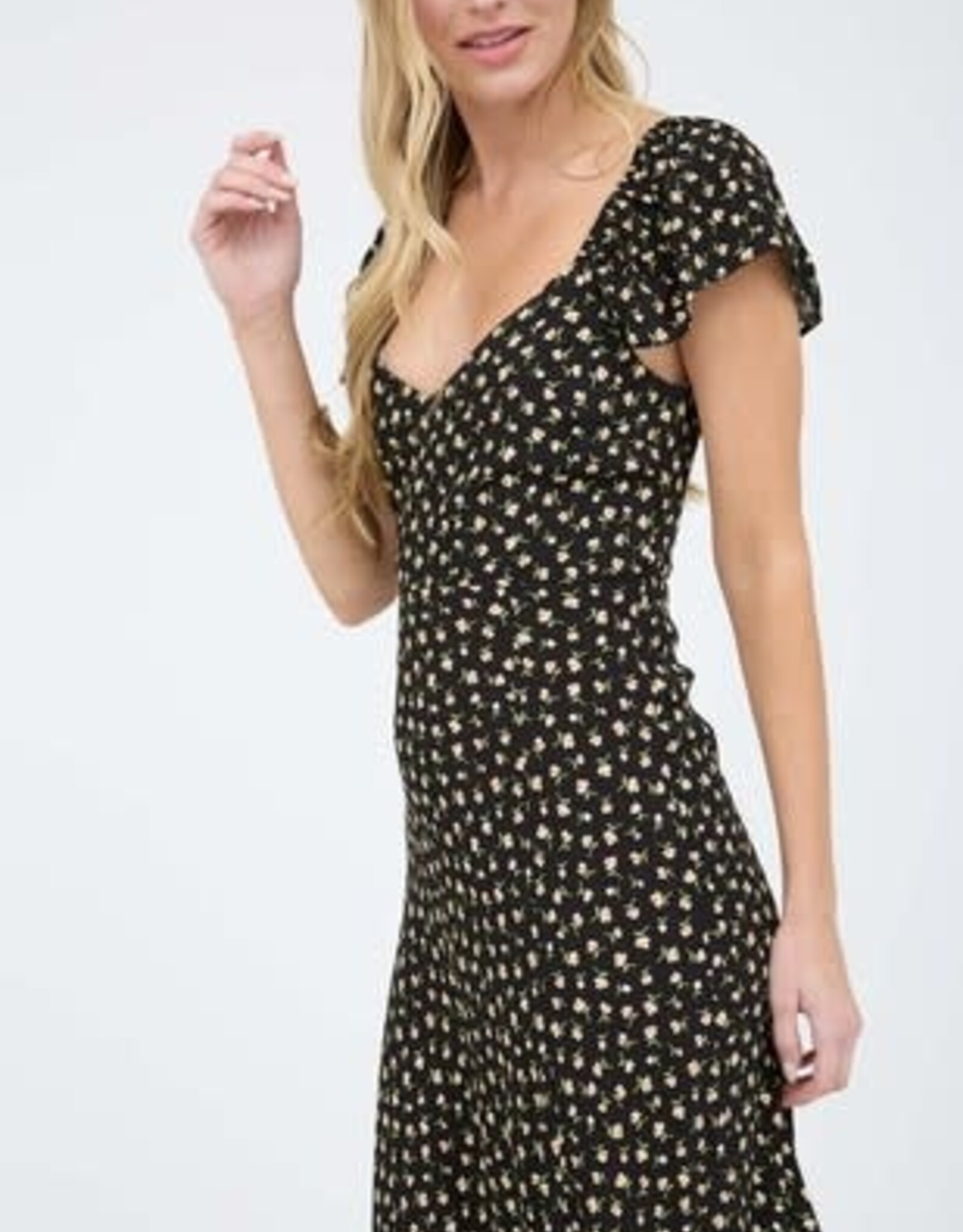 Miss Bliss Blu Floral Short Sleeve Side Slit Midi Dress-Black