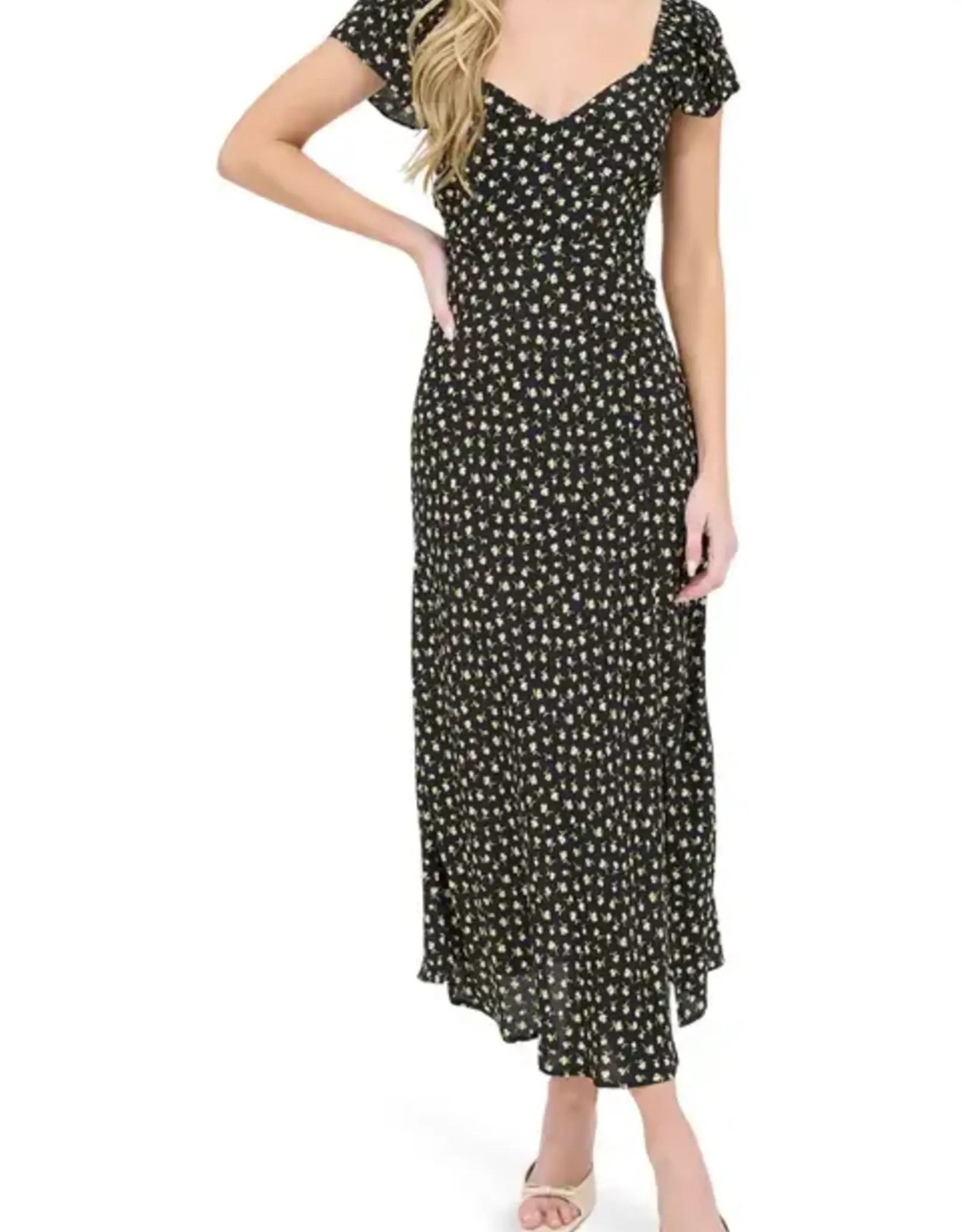 Miss Bliss Blu Floral Short Sleeve Side Slit Midi Dress-Black