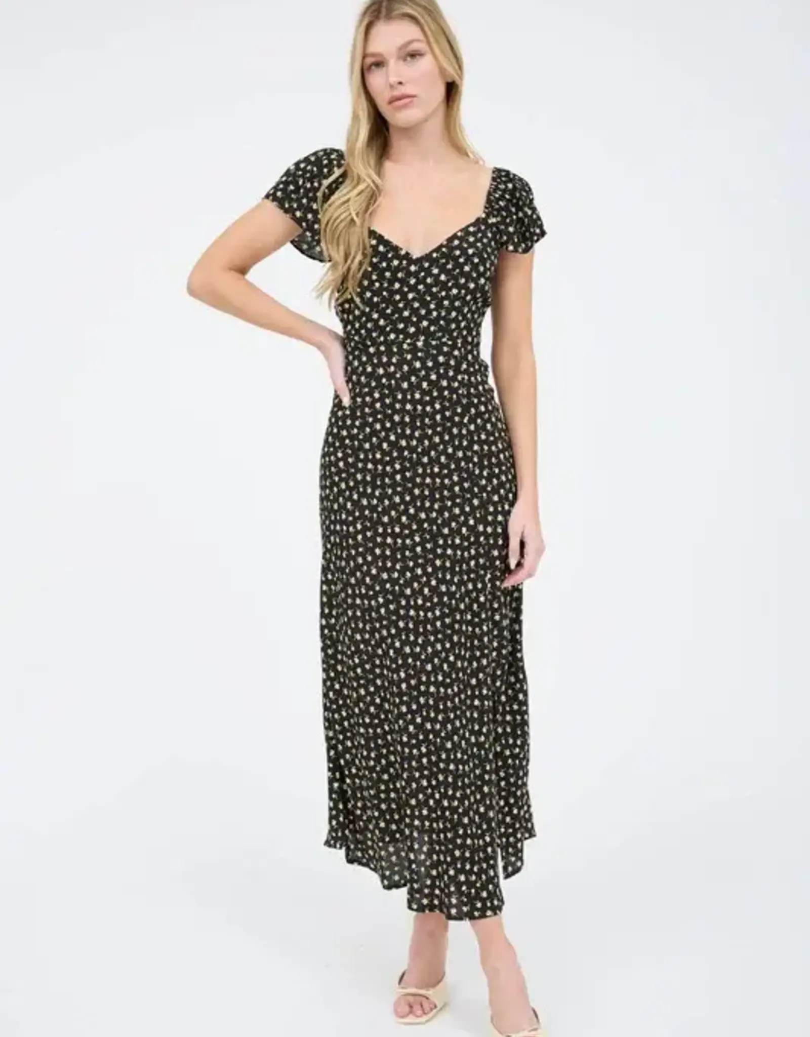 Miss Bliss Blu Floral Short Sleeve Side Slit Midi Dress-Black