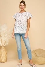 Miss Bliss CC Disty SS Floral Blouse-White/Cocoa