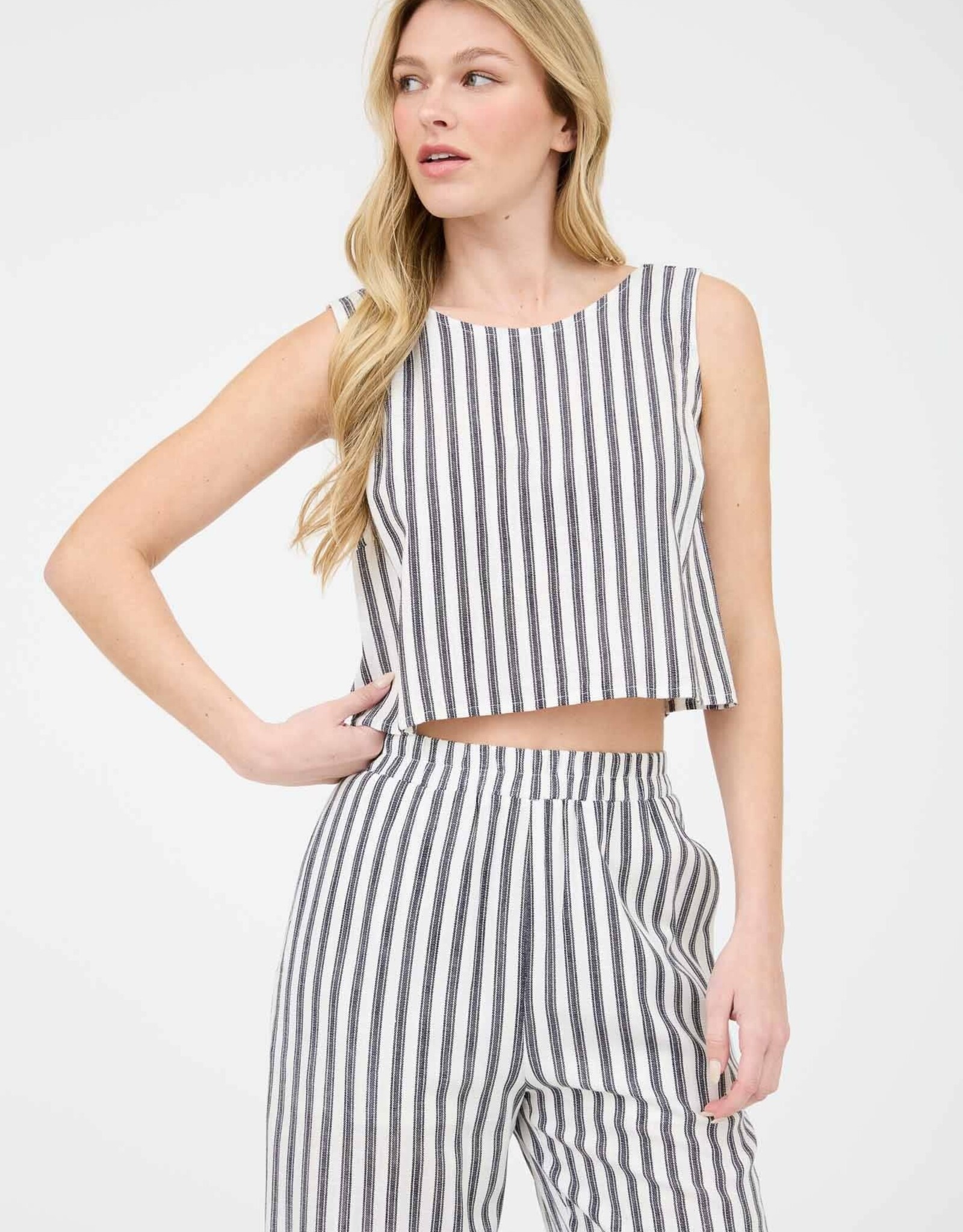 Miss Bliss Blu Stripe Linen Back Tie Detail Slvls Top-Navy/White