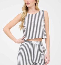 Miss Bliss Linen Back Tie Sleeveless Top-Navy/White